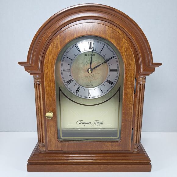 Bulova Other - Vintage Bulova Tempus Fugit Brown Wooden Mantel Chime Clock - Tested & Working